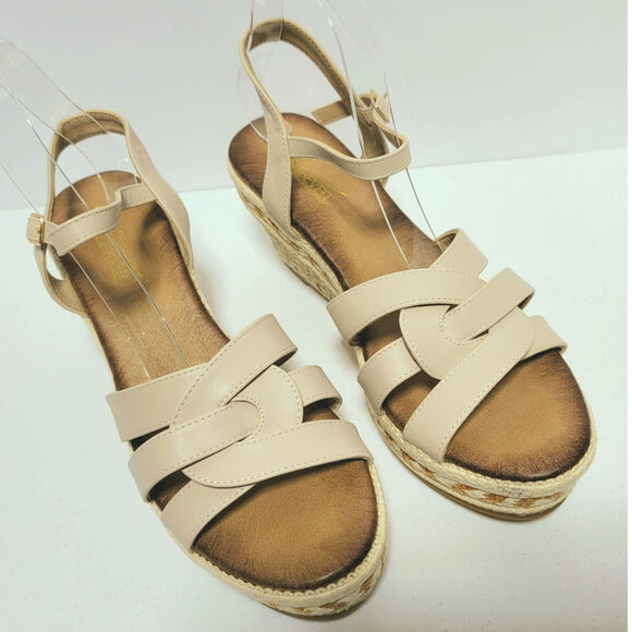 Espadrille Wedge Platform Sandals Sz 9 41 Cream Faux Leather Buckle Ankle Strap - Picture 12 of 16